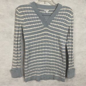 Vintage Greendog Sweater Girls XL Blue & White Ribbed Long Slv Cable Knit Flaw